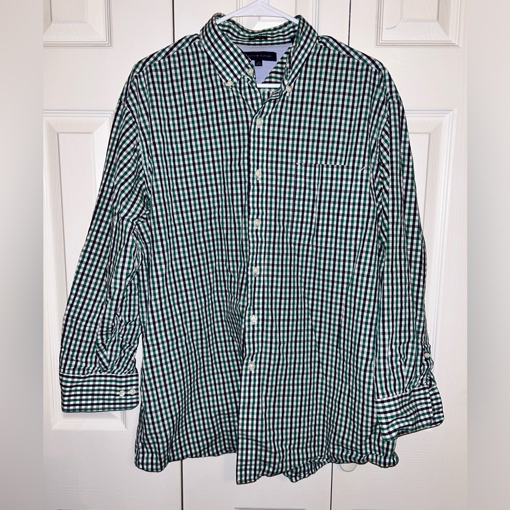 Tommy Hilfiger Mens Collared Long Sleeve Blue & Green Plaid Button Down 17 32-33